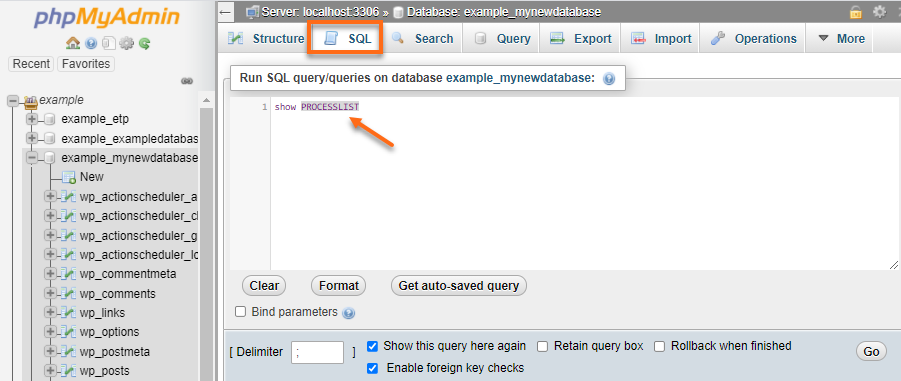 phpMyAdmin - SQL - Show ProcessList