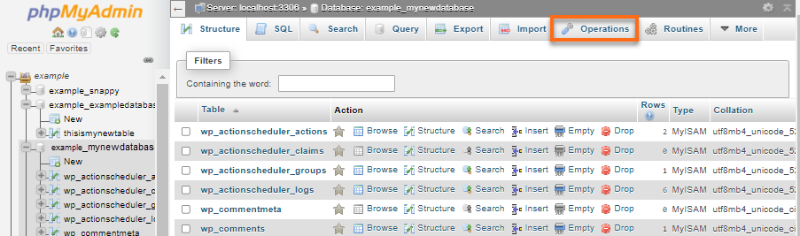 phpMyAdmin - Operations Tab