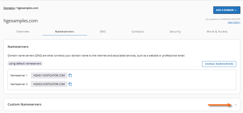Nameservers tab - Custom nameservers