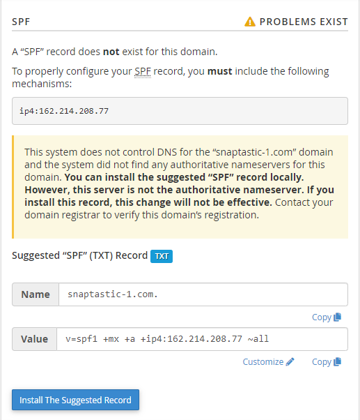 cPanel - 邮件送达状况 - SPF 部分