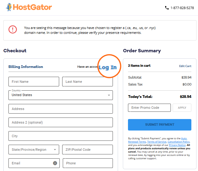 ccTLD Registration - Log In link