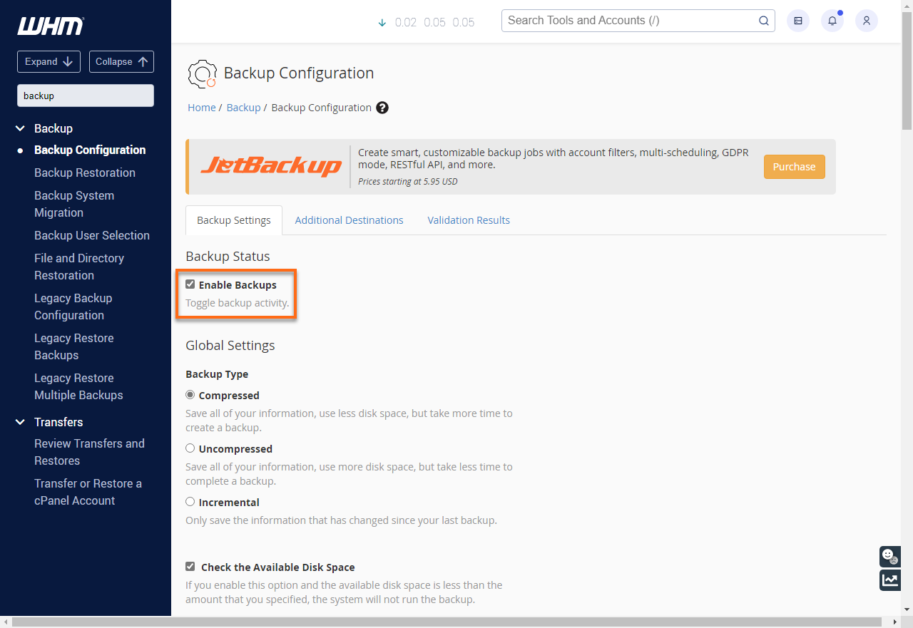 HostGator - WHM - Enable Backups