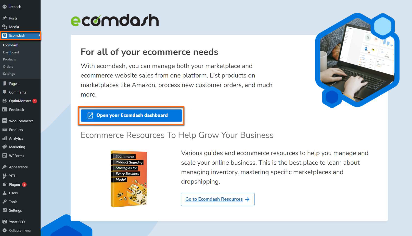 WordPress 仪表盘 - 打开您的 Ecomdash 仪表盘