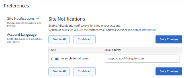 SiteLock - Preferences - Site Notifications