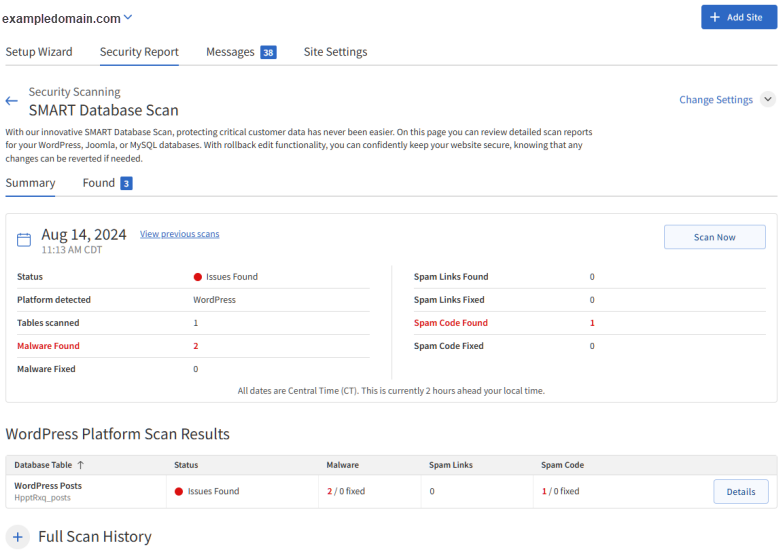 SiteLock - SMART Database Scan