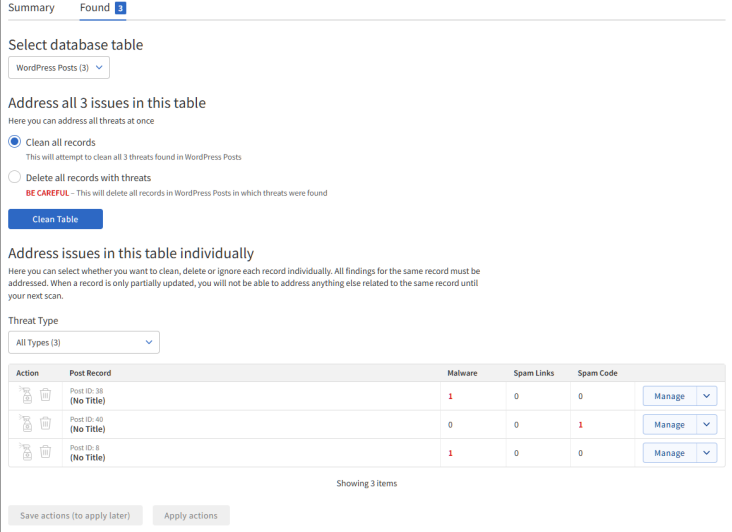 SiteLock - SMART Database Scan - Found tab