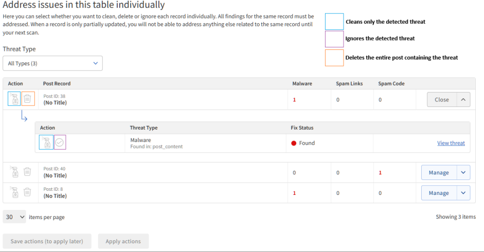 SiteLock - SMART Database Scan - Found tab (Manage Individual Detections)