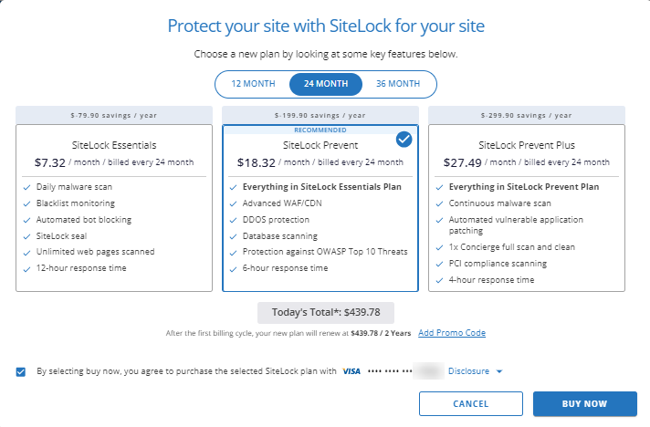 Customer Portal - SiteLock - Select SiteLock plan