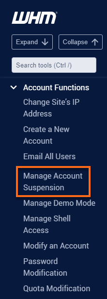 HostGator WHM Account Function > Manage Account Suspension