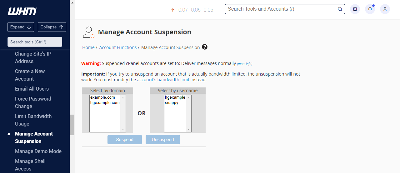 HostGator Manage Account Suspension Select Domain