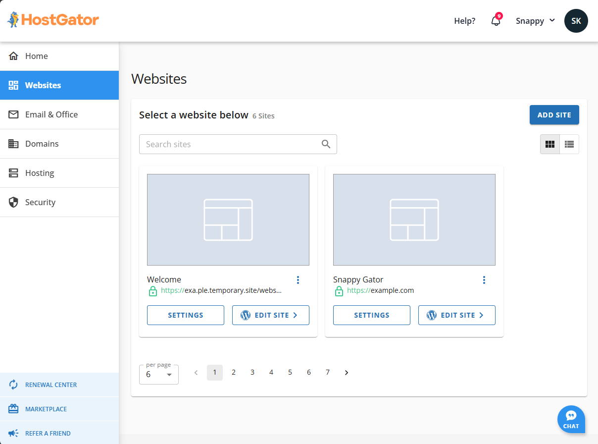 Customer Portal - Websites tab