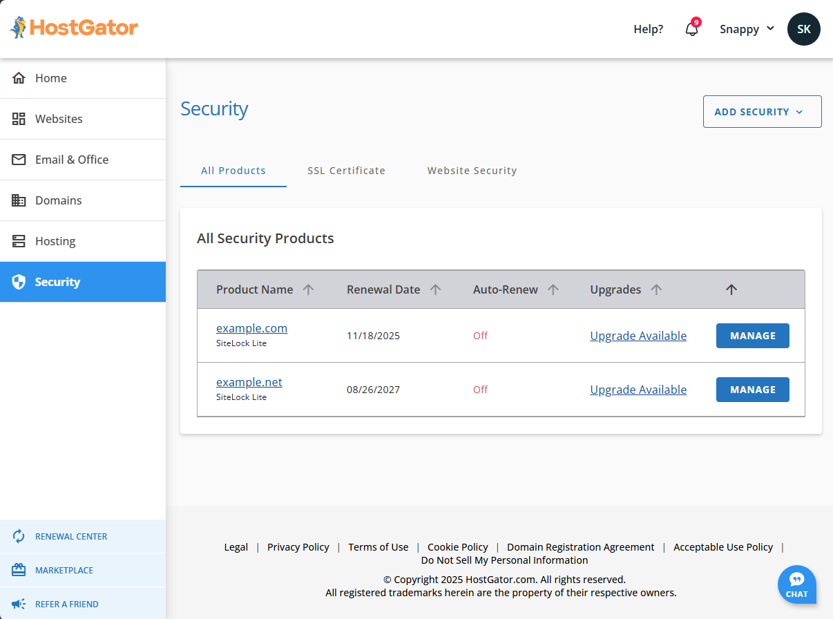 Customer Portal - Securi tab