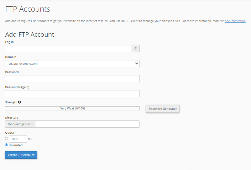 cPanel - FTP 账户 - 填写信息