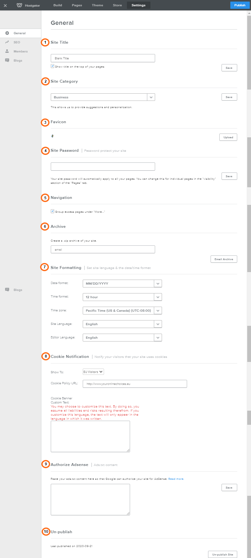 Weebly - General Settings Tab