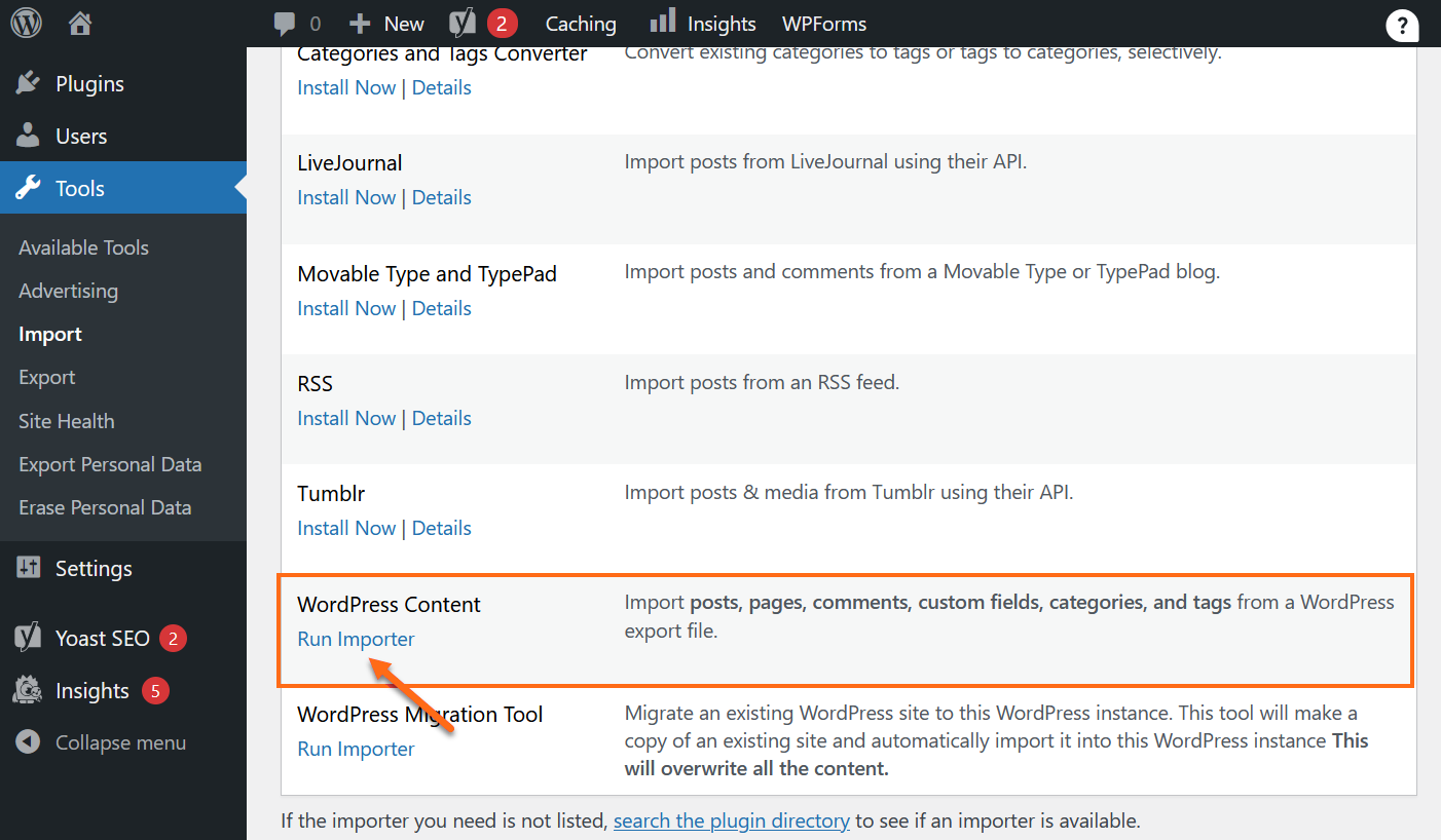 WordPress Content Section Run Importer option