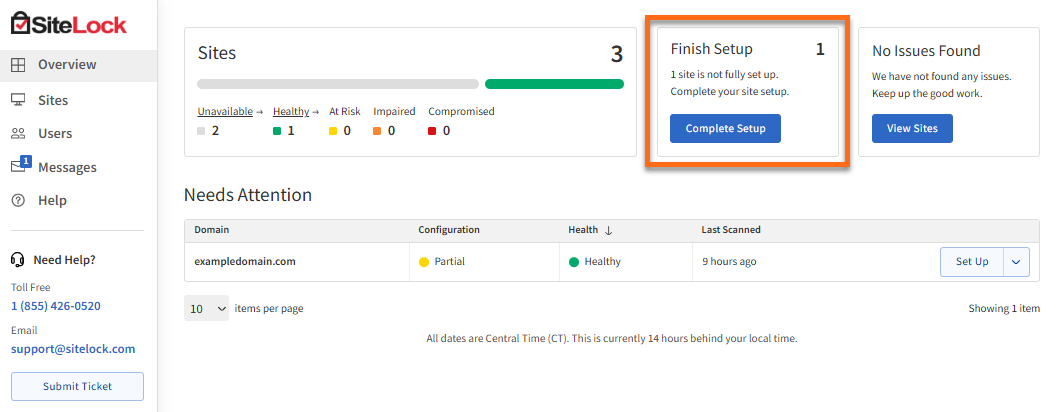 Overview tab - Finish Setup