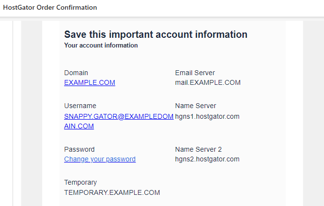 HostGator Order Confirmation email