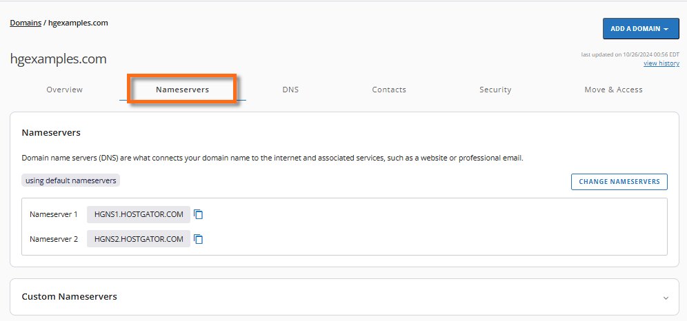 Domains tab - Nameservers menu