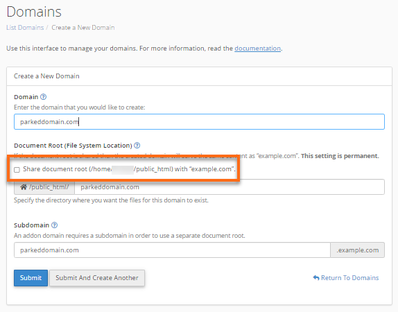 cPanel - 与 "domain.tld." 共享文档根目录 (/home/username/public_html)