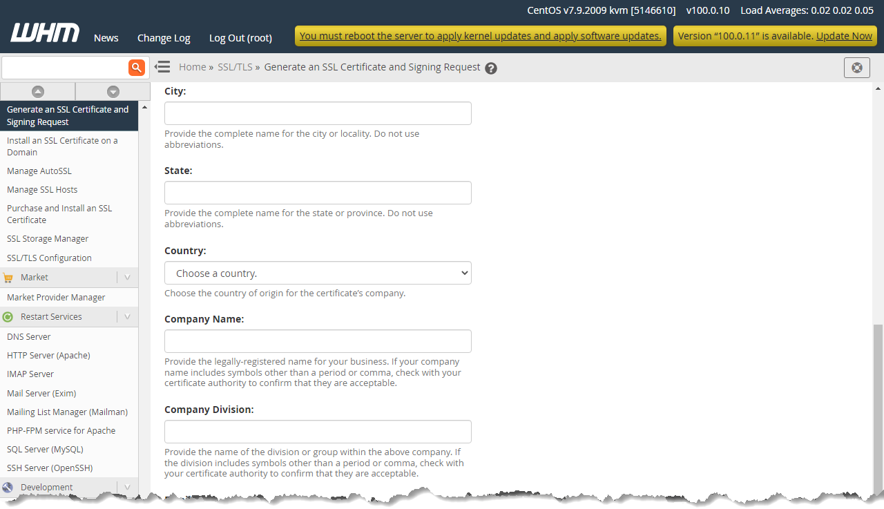 HostGator WHM Generate an SSL Certificate and Signing Request