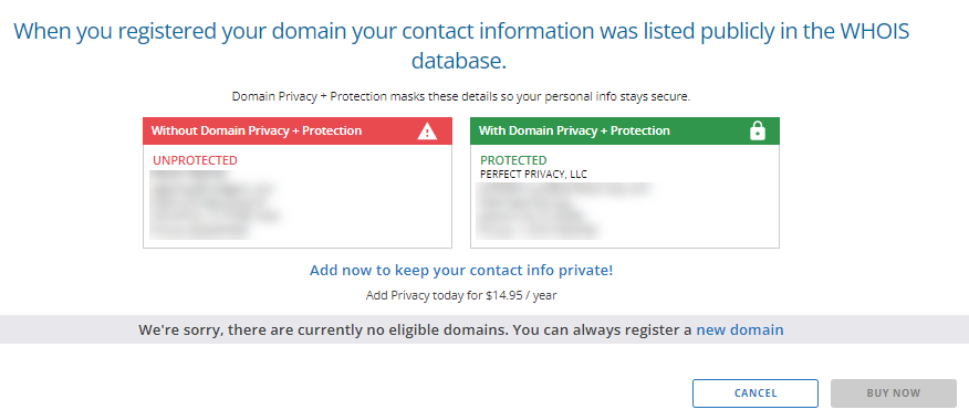 Domain Privacy + Protection - Without eligible domain