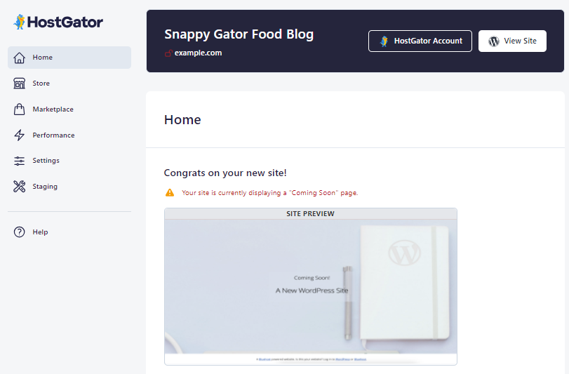 HostGator plugin - Home tab - Site Preview