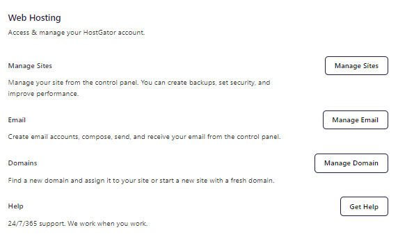 HostGator plugin - Home tab - Web Hosting