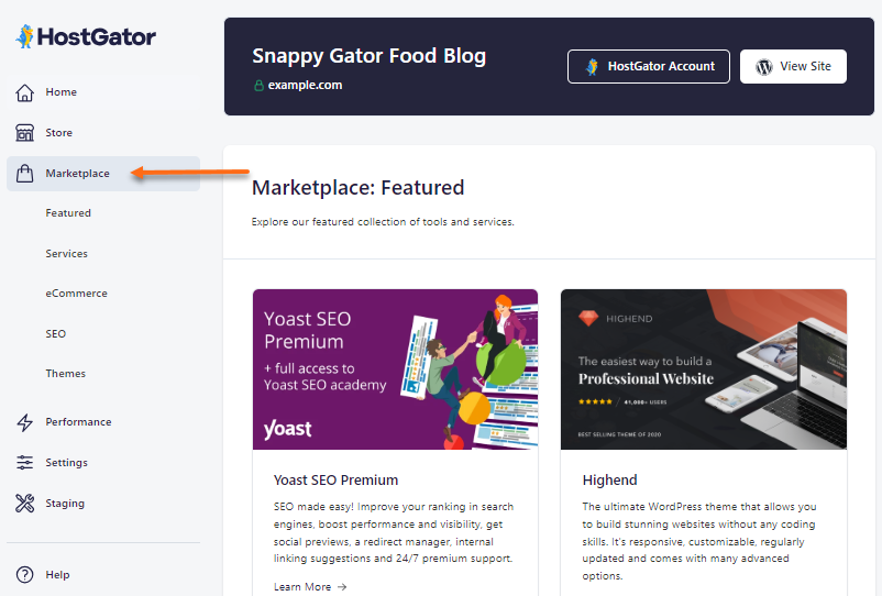 HostGator plugin - Marketplace tab