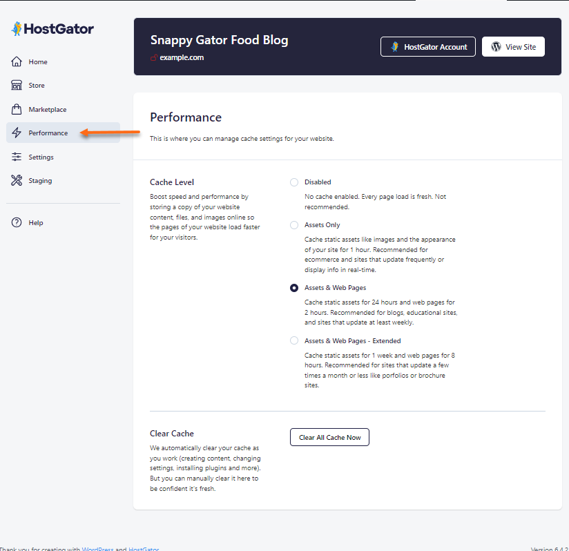 HostGator plugin - Performance tab