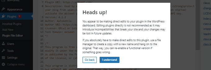 Plugin File Editor - Warning message