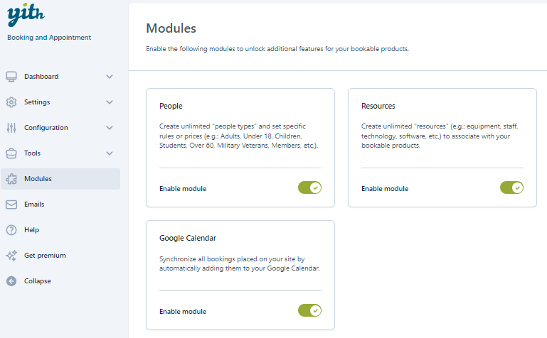 YITH - Booking and Appointment - Enable Modules