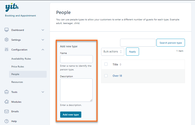YITH - Booking and Appointment - Configuration - Enter name and Description
