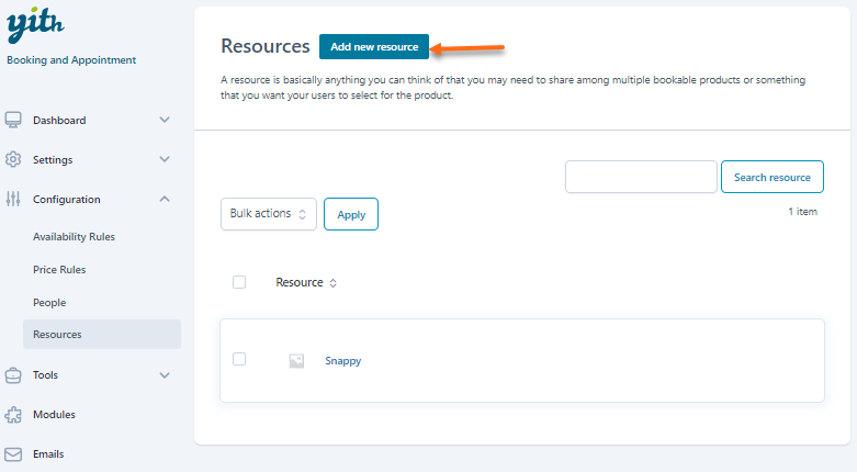 YITH - Booking and Appointment - Resources - Add new resource