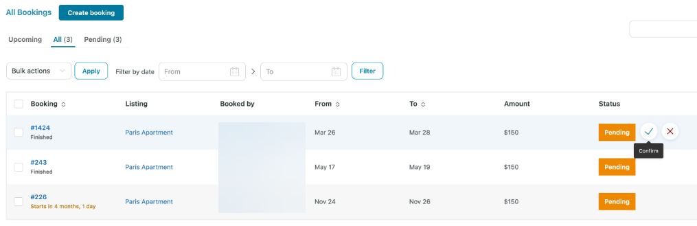 Booking dashboard view