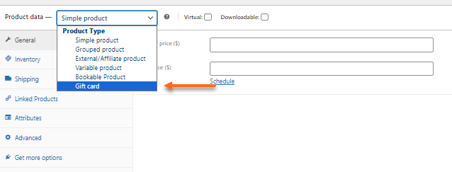 Product data - Gift card