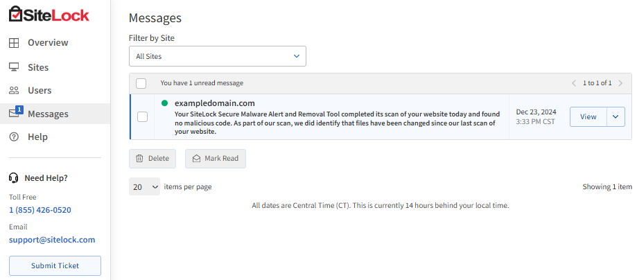 SiteLock - Messages tab