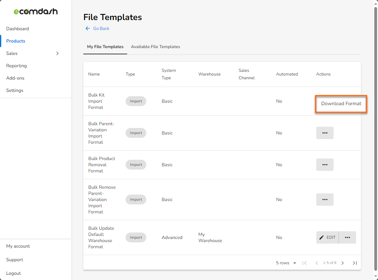 HostGator Ecomdash - Products Tab Upload Inventory File Template Download
