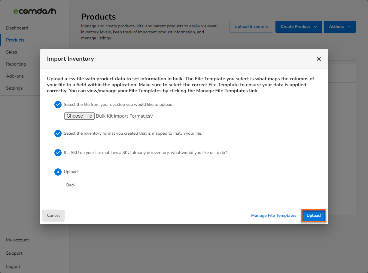 HostGator Ecomdash - Products Tab Import Inventory Details Upload