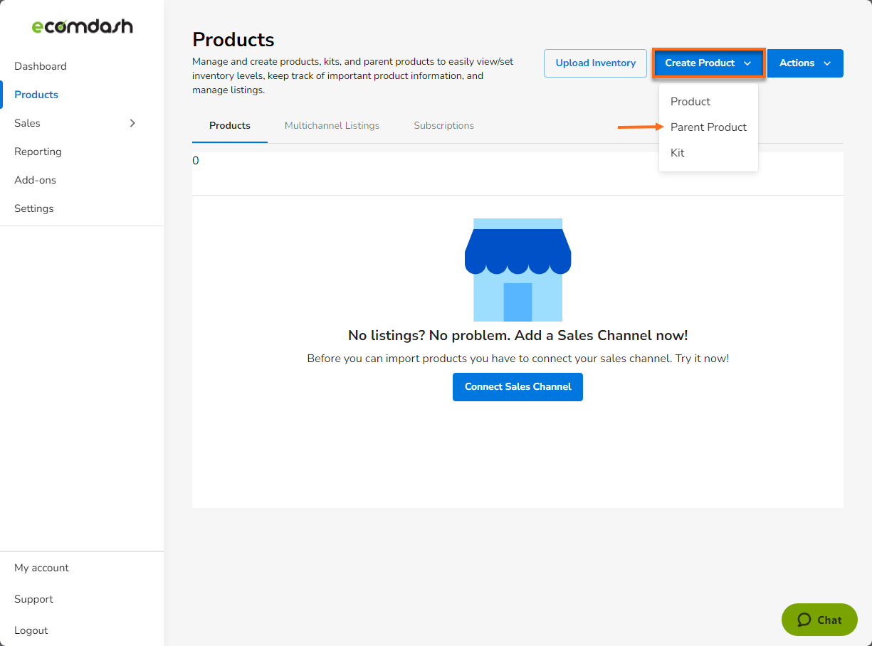 HostGator Ecomdash - Products Tab Parent Product