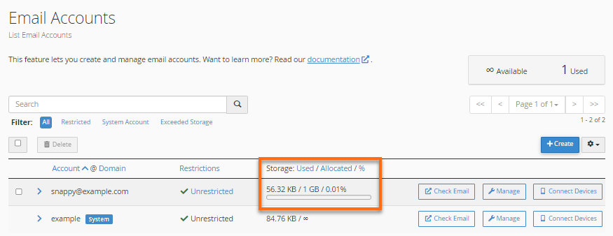 Email Accounts - Storage/Email Quota