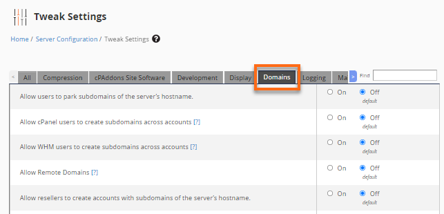 Tweak Settings - Domains