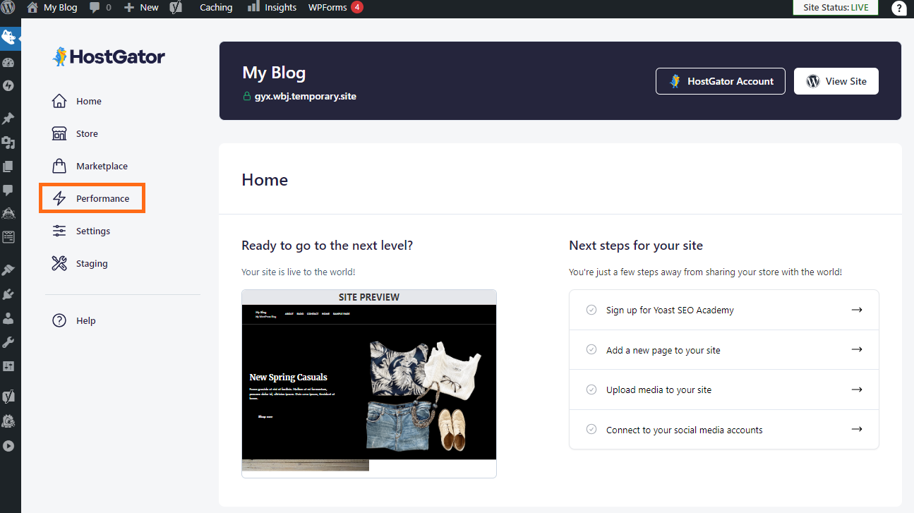 HostGator plugin - Performance tab