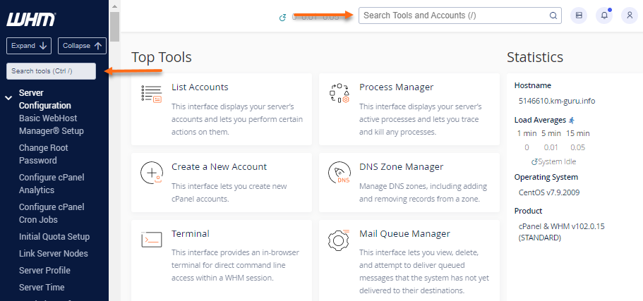WHM Search box - Left panel