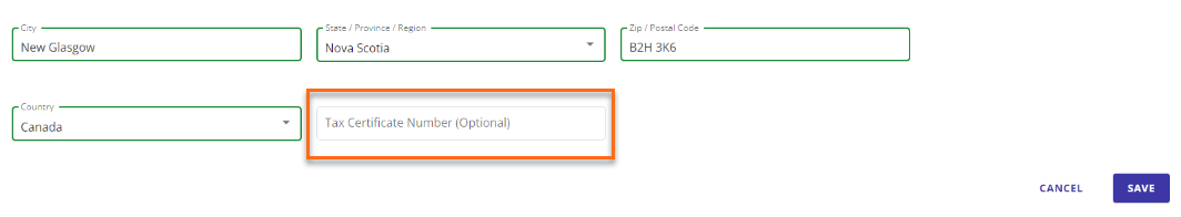 Tax Certificate number field