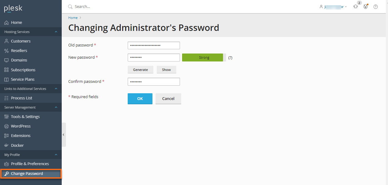 Plesk - To change your administrator's Password