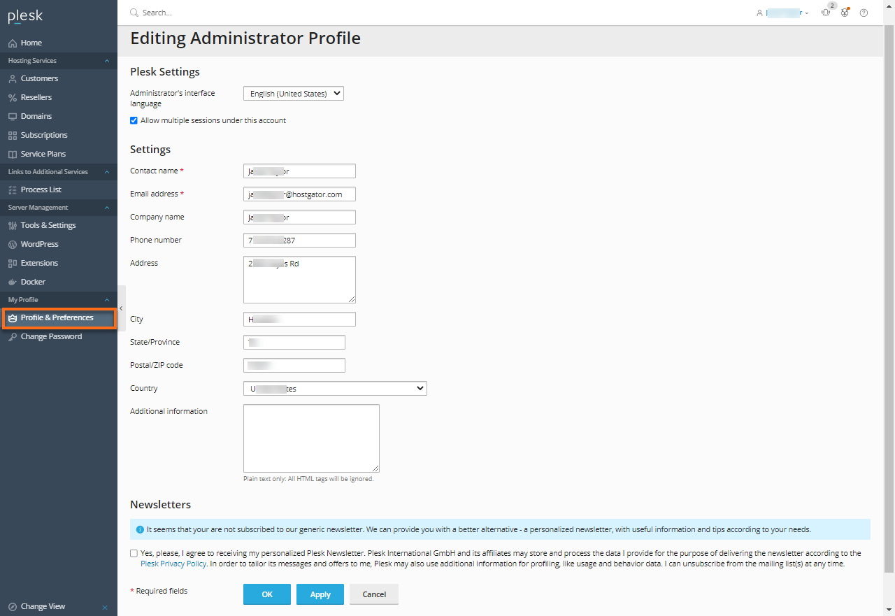 Plesk - To update your contact information