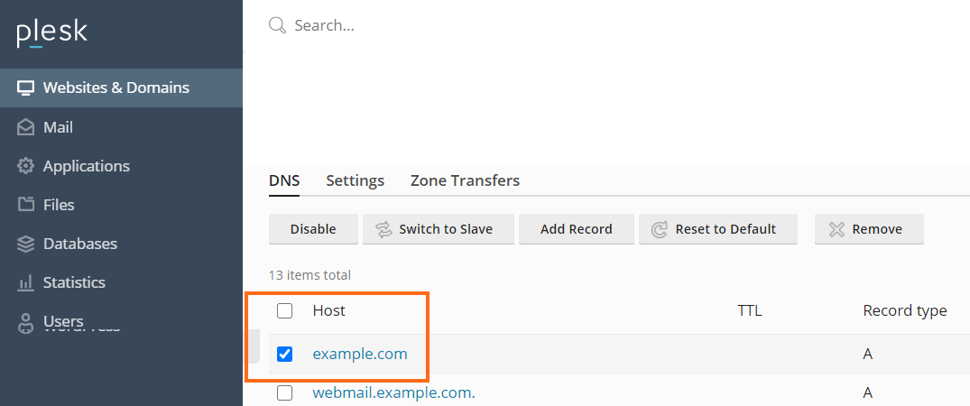 Plesk - edit an A record