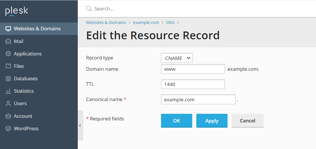 Edit CNAME in Plesk