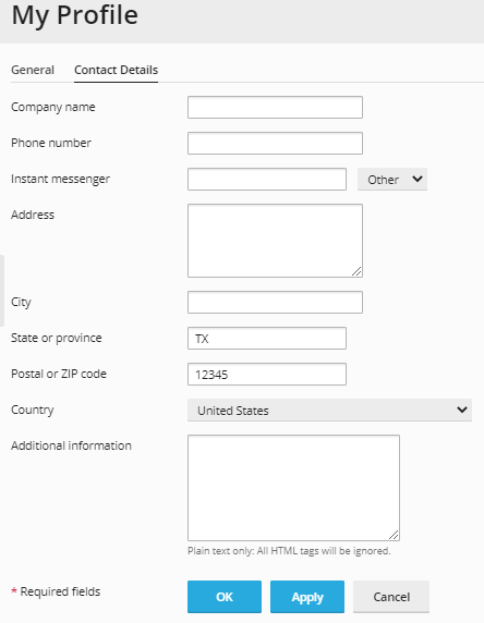 Plesk - My Profile - Contact Details Tab