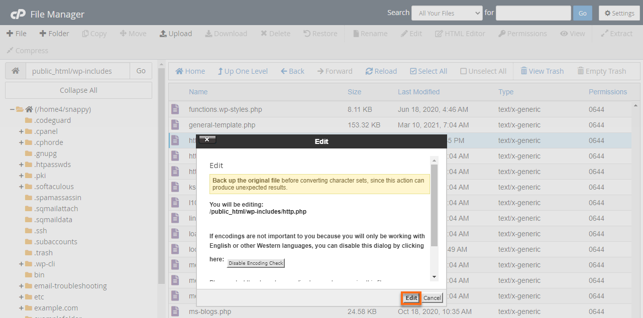 HostGator File Manager wp-config Dialogue Box